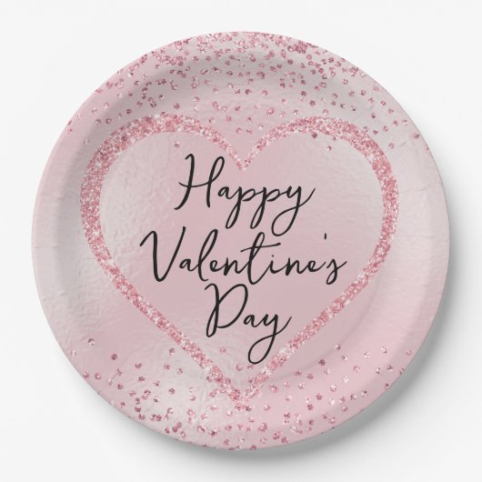ピンクグリッターロマンチックなスクリプトのバレンタインデー ペーパープレート (正面)