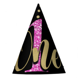 ピンクグリッターワンブラックフローラ1st誕生日パーティー パーティーハット