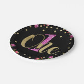 ピンクグリッターワンブラックフローラ1st誕生日パーティー ペーパープレート (アングル)