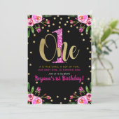 ピンクグリッターワンブラックフローラ1st誕生日パーティー 招待状 (スタンド正面)