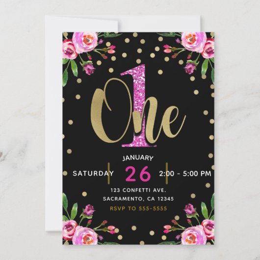 ピンクグリッターワンブラックフローラ1st誕生日パーティー 招待状 (裏面)