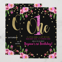 ピンクグリッターワンブラックフローラ1st誕生日パーティー 招待状
