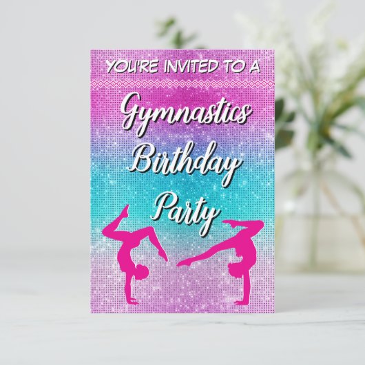 ピンクグリッター体操バースデーパーティーへの招待 招待状 (スタンド正面)