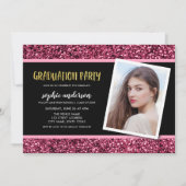 ピンクグリッター写真卒業パーティー招待状 招待状 (正面)