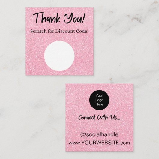 ピンクグリッター割引スクラッチオフサンキューカード スクエア名刺 (正面/裏面)
