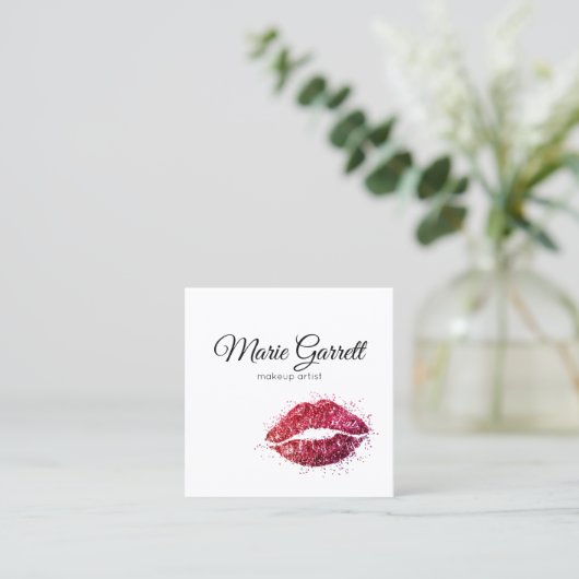 ピンクグリッター口紅キススクエアビジネスカード スクエア名刺 (スタンド正面)