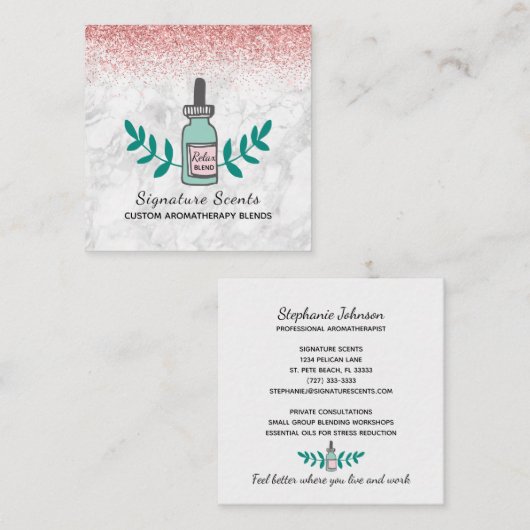 ピンクグリッター大理石アロマセラピービジネスロゴ スクエア名刺 (正面/裏面)