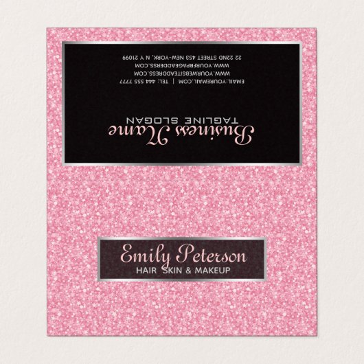 ピンクグリッター模様と黒色の銀色 名刺 (外部フラット)