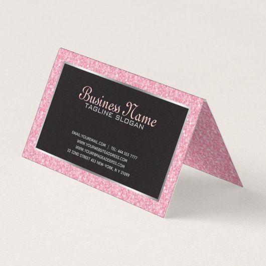 ピンクグリッター模様と黒色の銀色 名刺 (裏面)