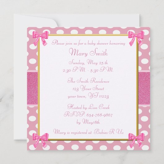 ピンクグリッター水玉模様ベビーシャワー招待状 招待状 (裏面)