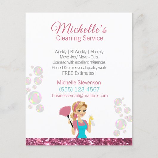 ピンクグリッター漫画メイドハウスクリーニングサービス チラシ (正面)