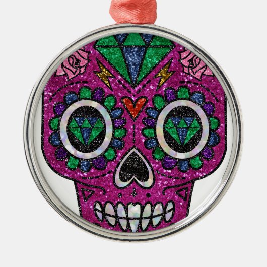 ピンクグリッター糖スカル メタルオーナメント (正面)