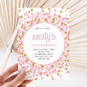 ピンクグリッター紙吹雪よくはしゃぐ誕生日 招待状