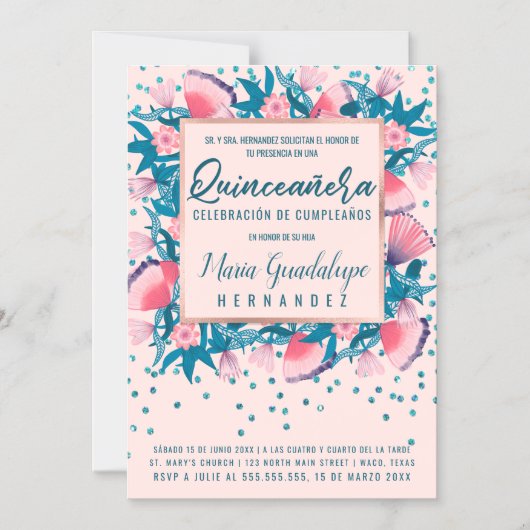 ピンクグリッター紙吹雪フローラエスパーニョールキンセアニラ マグネット招待状 (正面)