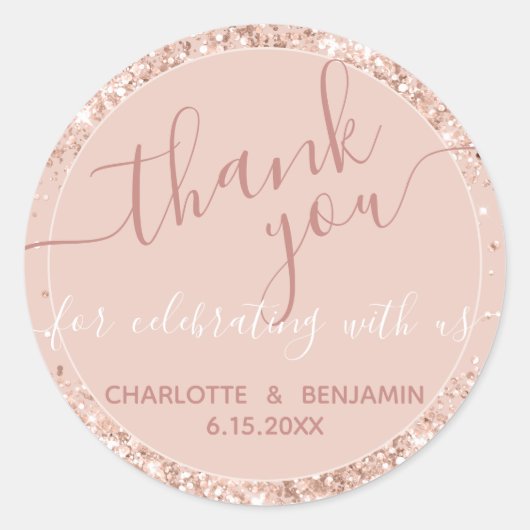 ピンクグリッター結婚のサンキューラウンドステッカー ラウンドシール (正面)