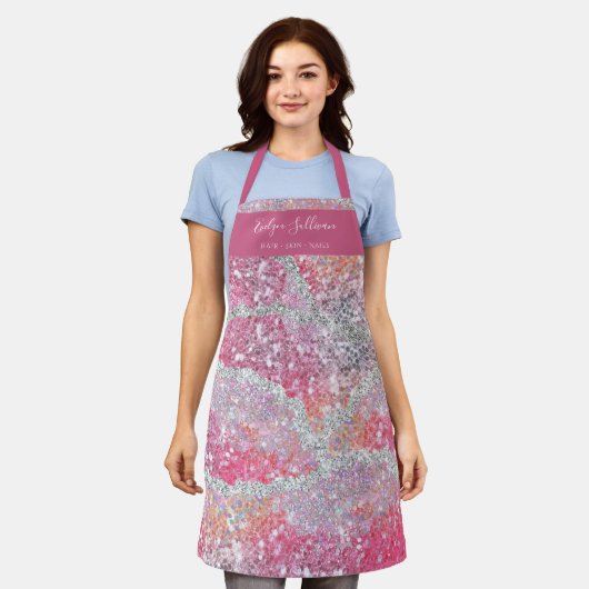 ピンクグリッター美しいプロフェッショナルエプロン エプロン (着用した状態)