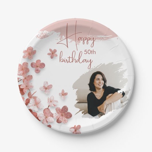 ピンクグリッター花フローラ写真50誕生日 ペーパープレート (正面)