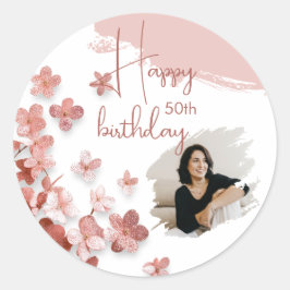 ピンクグリッター花フローラ写真50誕生日 ラウンドシール