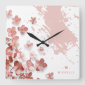ピンクグリッター花フローラ筆跡モノグラム スクエア壁時計 (正面)