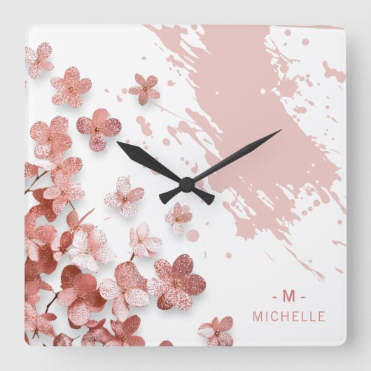 ピンクグリッター花フローラ筆跡モノグラム スクエア壁時計 (正面)