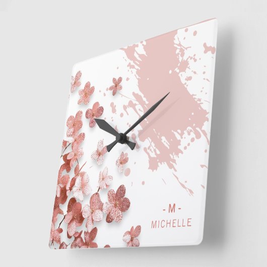 ピンクグリッター花フローラ筆跡モノグラム スクエア壁時計 (傾斜)