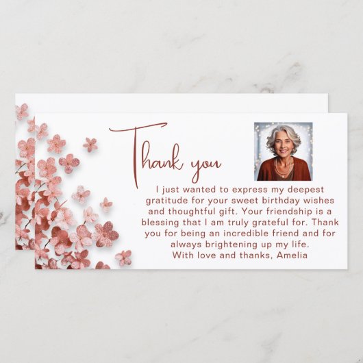 ピンクグリッター花フローラ誕生日写真 サンキューカード (正面/裏面)