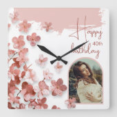 ピンクグリッター花フローラ40th誕生日フォト スクエア壁時計 (正面)