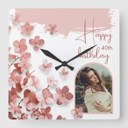ピンクグリッター花フローラ40th誕生日フォト スクエア壁時計 (正面)