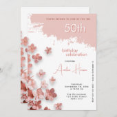 ピンクグリッター花フローラ50誕生日 招待状 (正面/裏面)