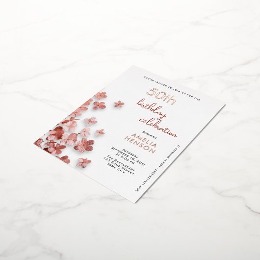 ピンクグリッター花フローラ50誕生日 箔招待状ポストカード (回転した状態)