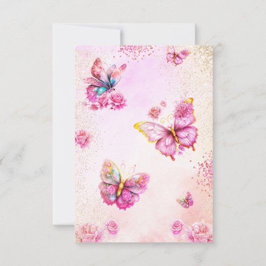 ピンクグリッター蝶ブライダルシャワーありがとう カード (裏面)