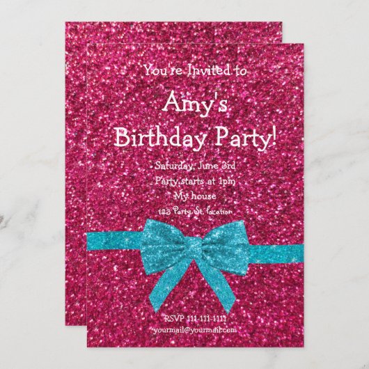 ピンクグリッター誕生日の招待 招待状 (正面/裏面)