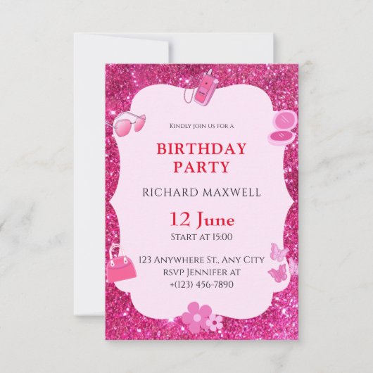 ピンクグリッター誕生日招待状 招待状 (正面)