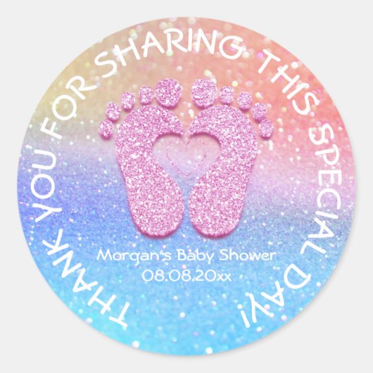 ピンクグリッター足ベビーシャワーレインボー感謝してい ラウンドシール (正面)