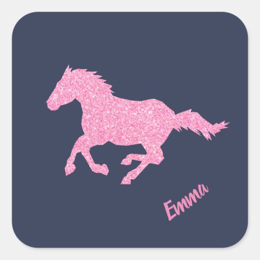 ピンクグリッター馬小さな女の子ファーストネーム動物 スクエアシール (正面)