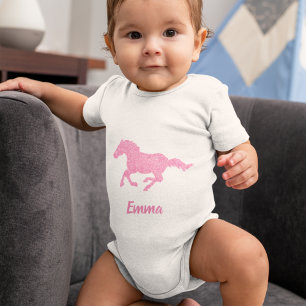 ピンクグリッター馬小さな女の子ファーストネーム動物 ベビーボディスーツ