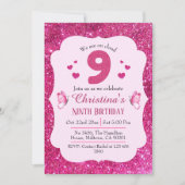 ピンクグリッター鮮やかキュイきらめくー9歳の誕生日 招待状 (正面)