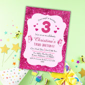 ピンクグリッター鮮やか可愛いきらめく3歳の誕生日 招待状