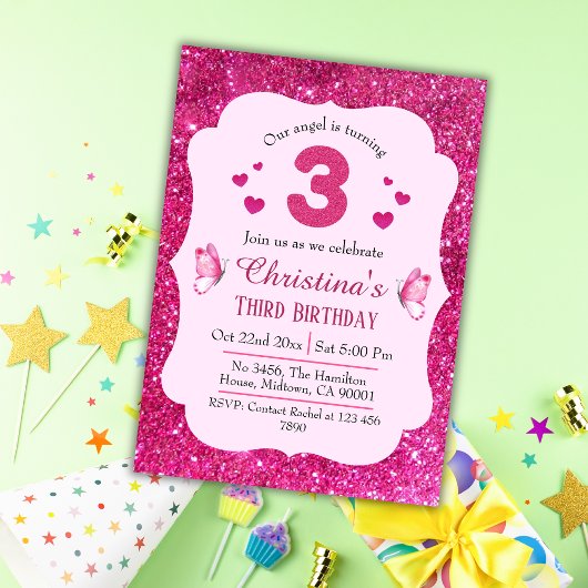 ピンクグリッター鮮やか可愛いきらめく3歳の誕生日 招待状