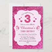 ピンクグリッター鮮やか可愛いきらめく3歳の誕生日 招待状 (正面)