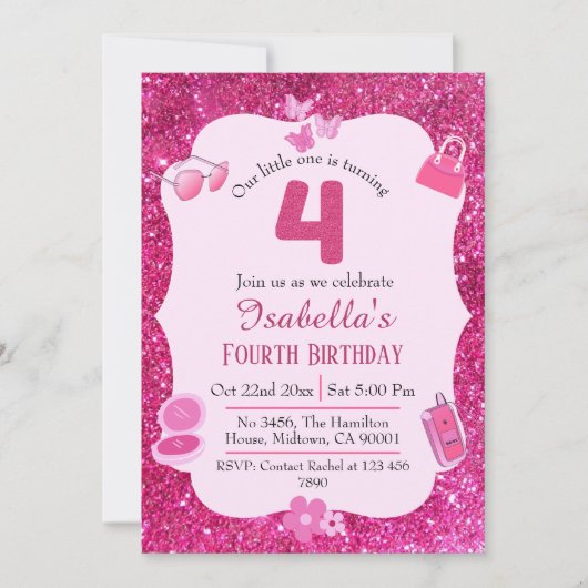ピンクグリッター鮮やか可愛いきらめく4歳の誕生日 招待状 (正面)