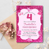 ピンクグリッター鮮やか可愛いきらめく4歳の誕生日 招待状