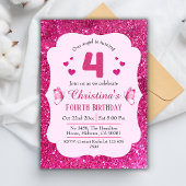 ピンクグリッター鮮やか可愛いきらめく4歳の誕生日 招待状