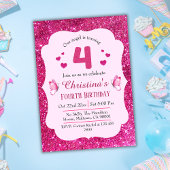 ピンクグリッター鮮やか可愛いきらめく4歳の誕生日 招待状