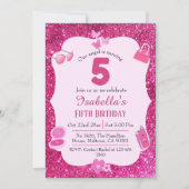 ピンクグリッター鮮やか可愛いきらめく5歳の誕生日 招待状 (正面)