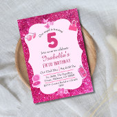 ピンクグリッター鮮やか可愛いきらめく5歳の誕生日 招待状