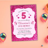 ピンクグリッター鮮やか可愛いきらめく5歳の誕生日 招待状