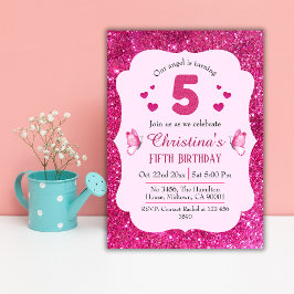ピンクグリッター鮮やか可愛いきらめく5歳の誕生日 招待状