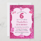 ピンクグリッター鮮やか可愛いきらめく6歳の誕生日 招待状 (正面)