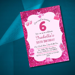 ピンクグリッター鮮やか可愛いきらめく6歳の誕生日 招待状